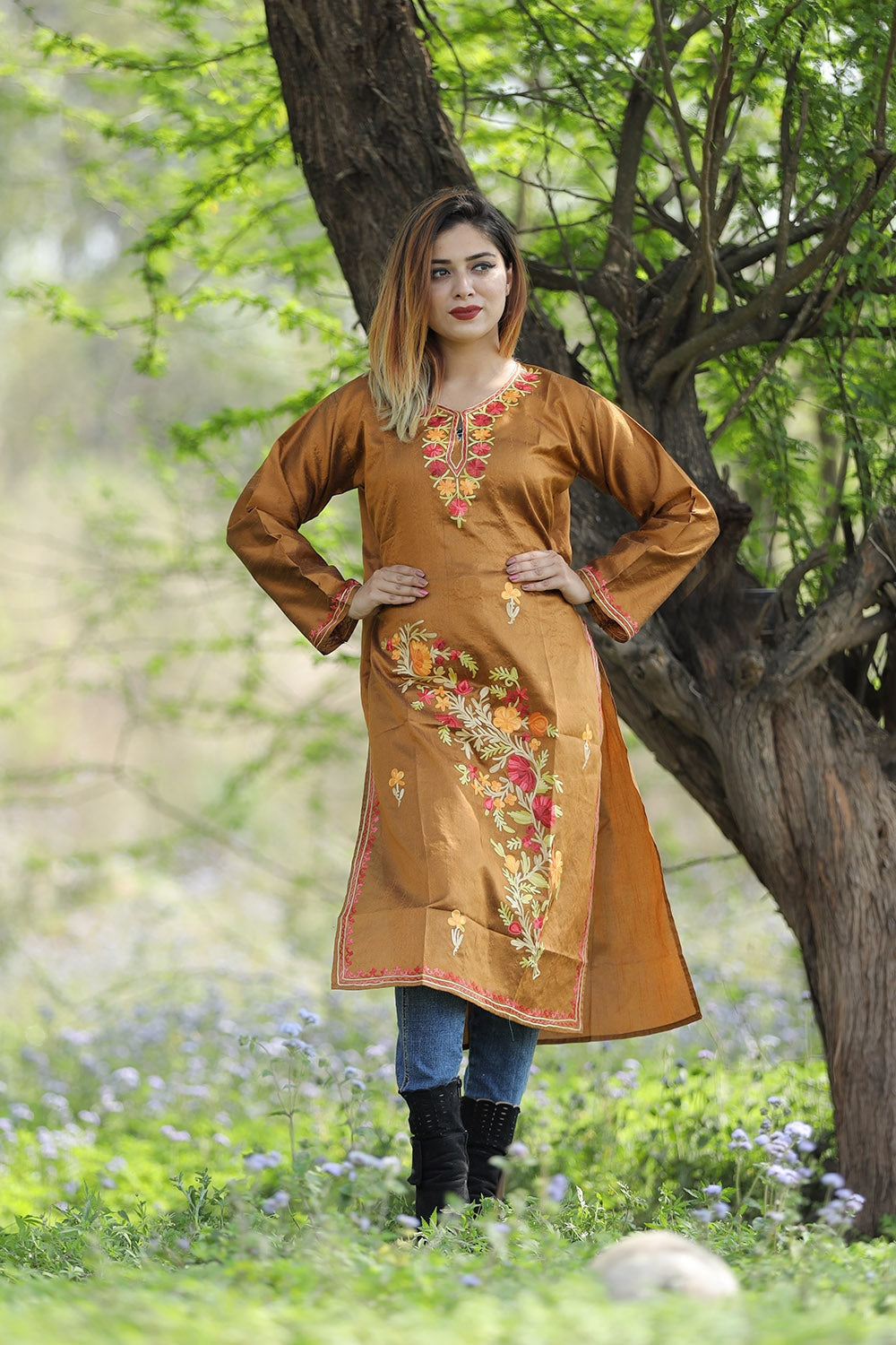 Mesmerizing Bronze Colour Rayon Silk Kurti With Beautiful