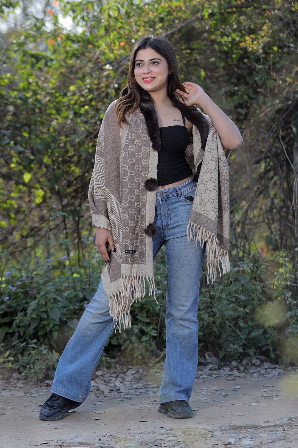 Mesmerizing Brown Colour Woollen Cashmere Faux Fur Cape