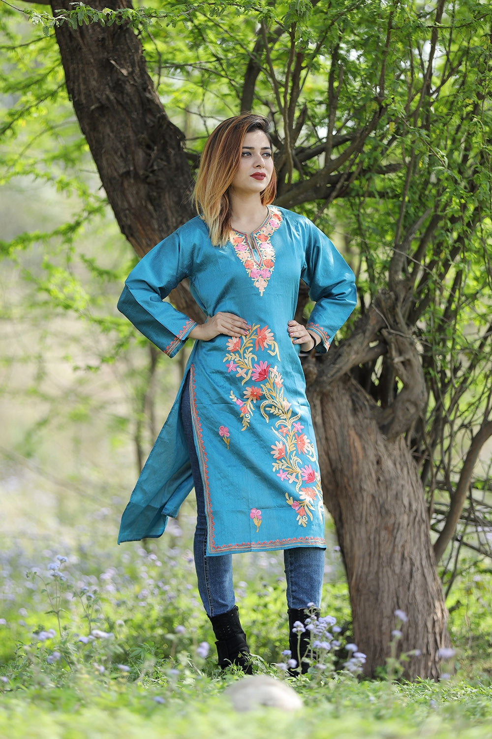 Mesmerizing Firozi Blue Colour Rayon Silk Kurti