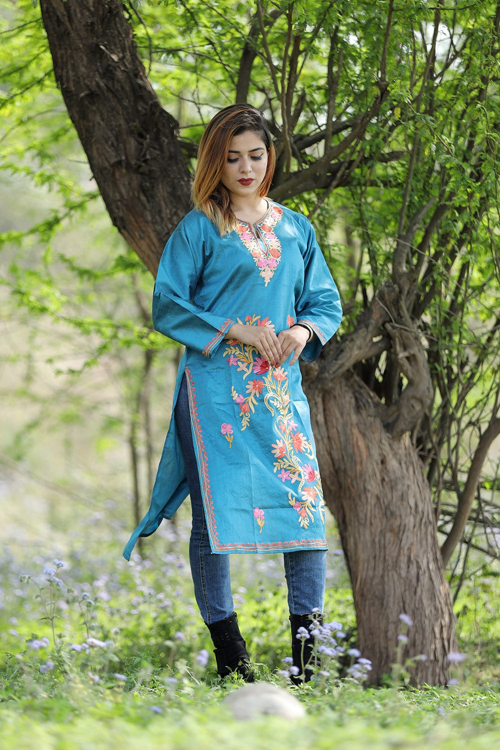 Mesmerizing Firozi Blue Colour Rayon Silk Kurti