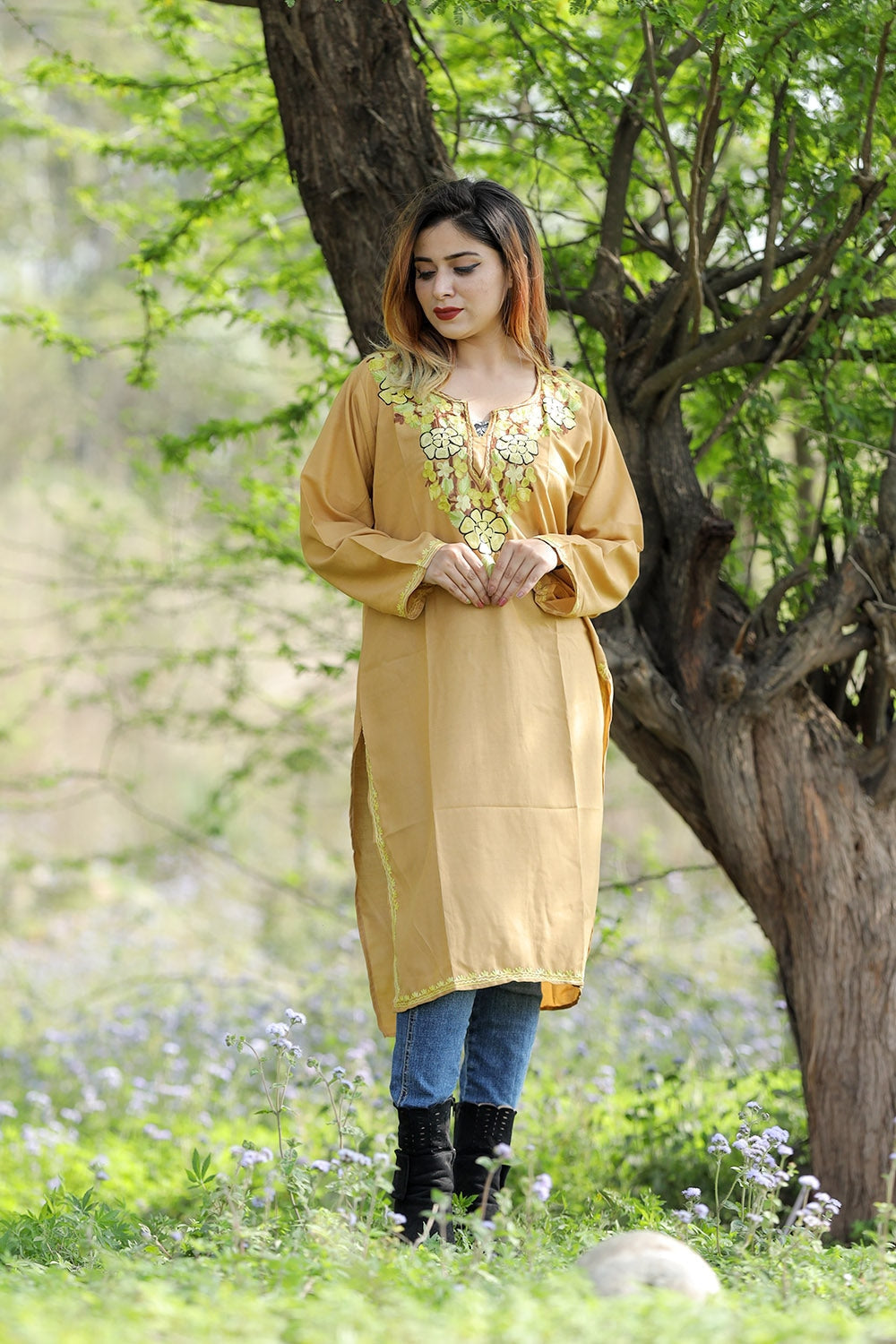Mesmerizing Kashmiri Mustard Colour Cotton Kurti