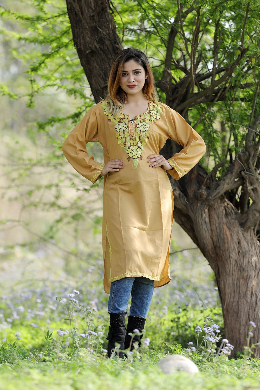 Mesmerizing Kashmiri Mustard Colour Cotton Kurti