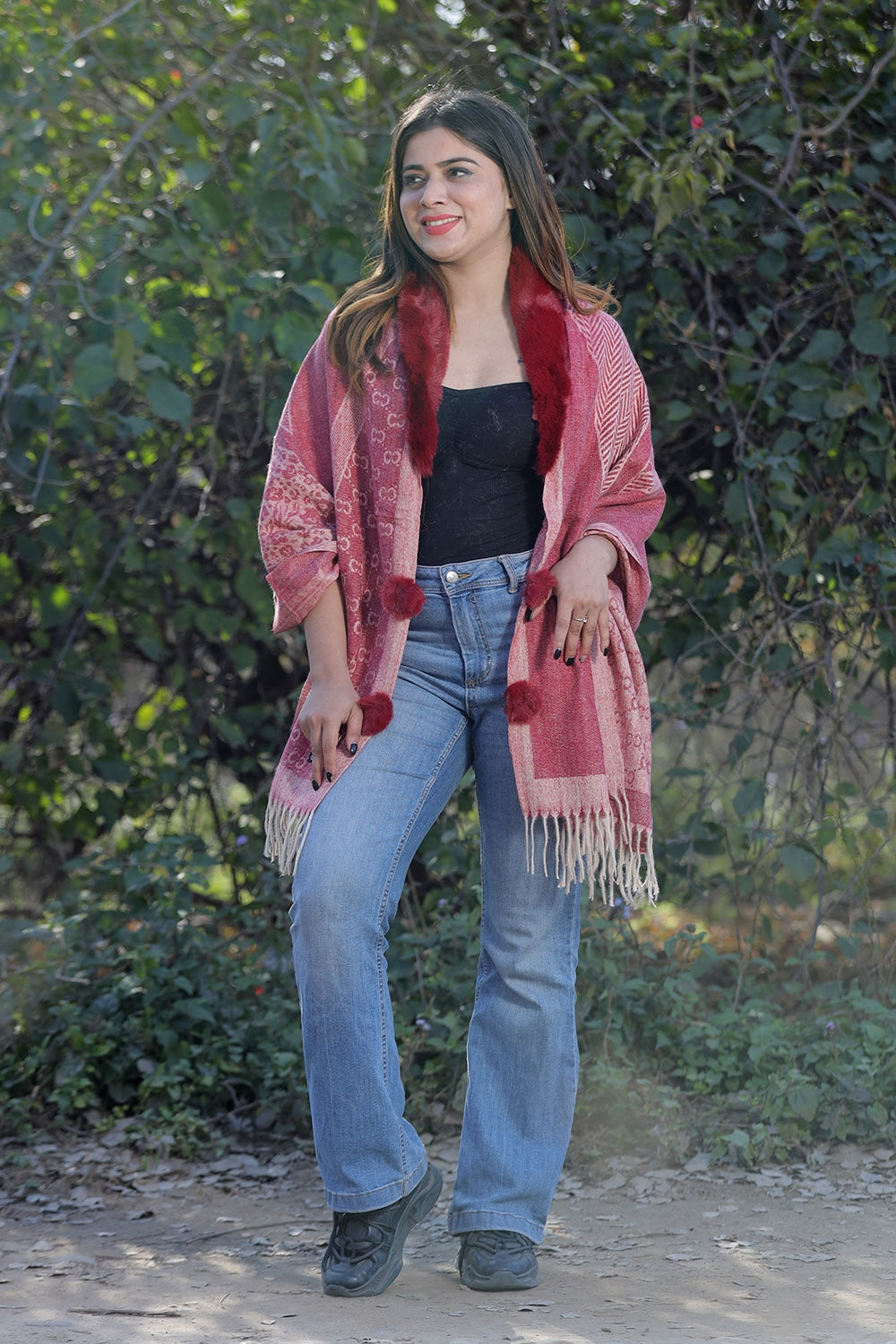 Mesmerizing Maroon & Fawn Colour Woollen Cashmere Faux Fur