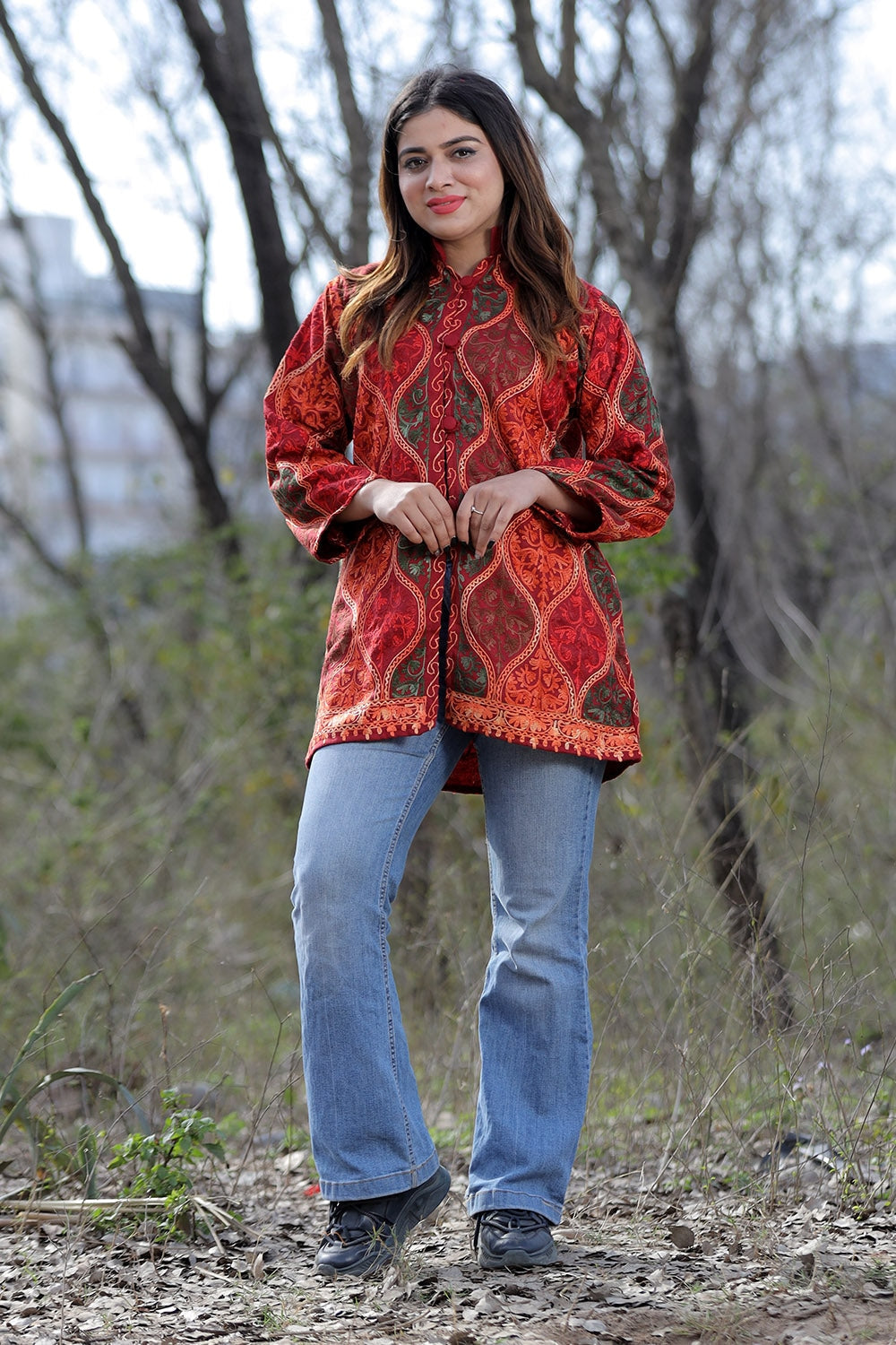 Mesmerizing Maroon Multicolour Aari Work Embroidered Jacket