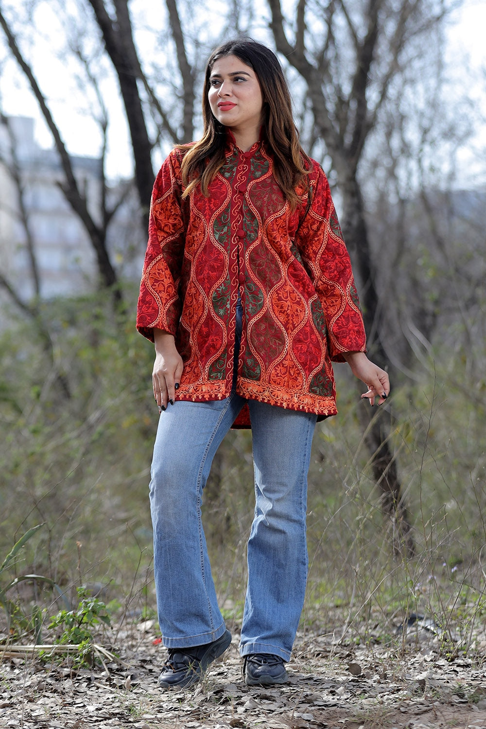 Mesmerizing Maroon Multicolour Aari Work Embroidered Jacket