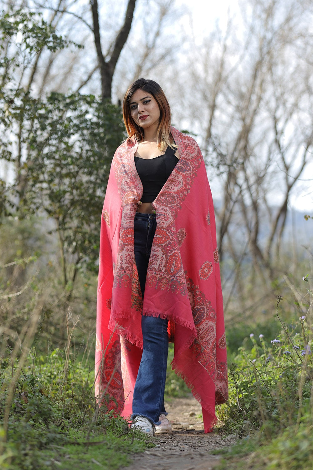 Mesmerizing Pink Colour Shawl With Flower Pattern Style