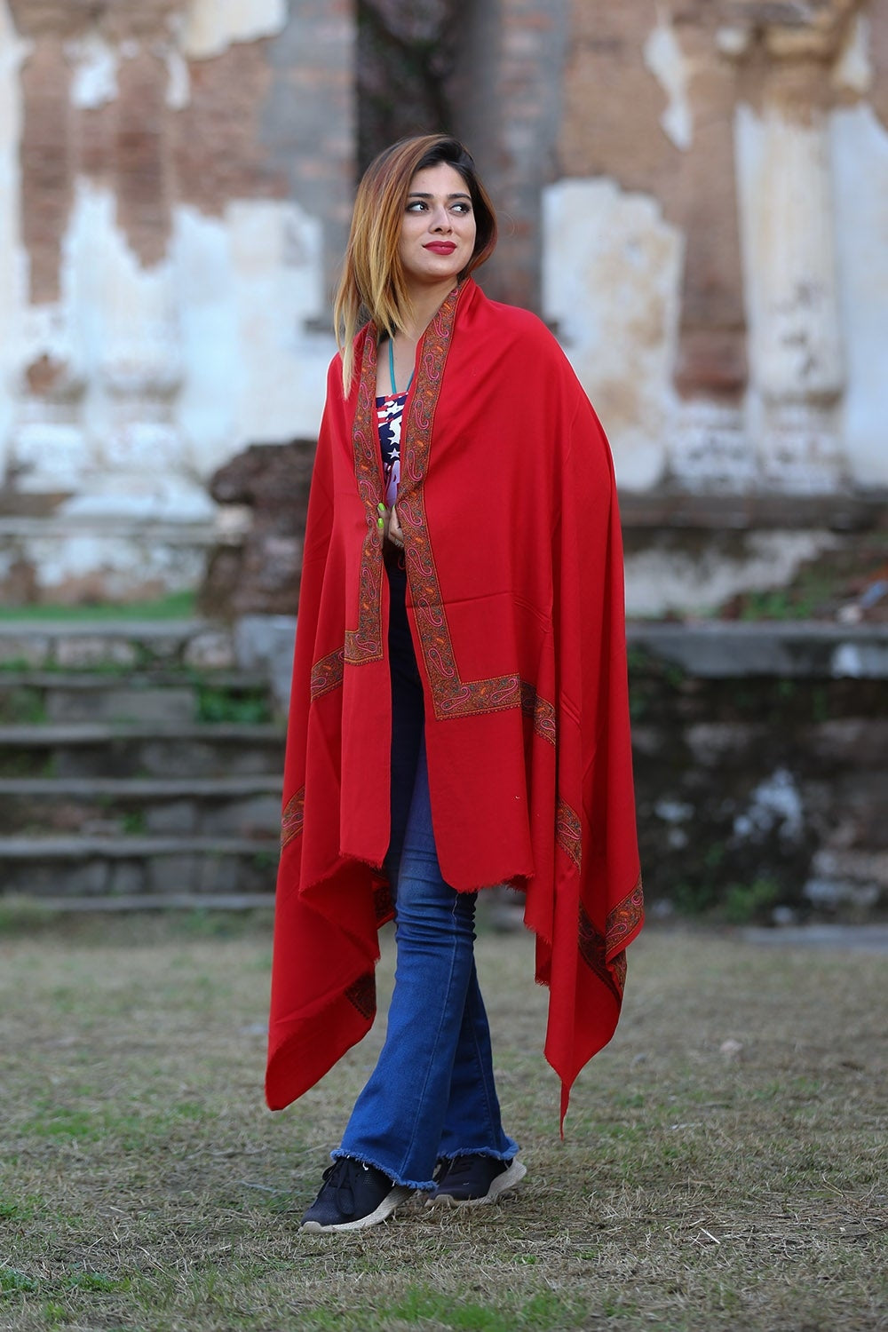 Mesmerizing Red Colour Semi Pashmina Sozni Shawl