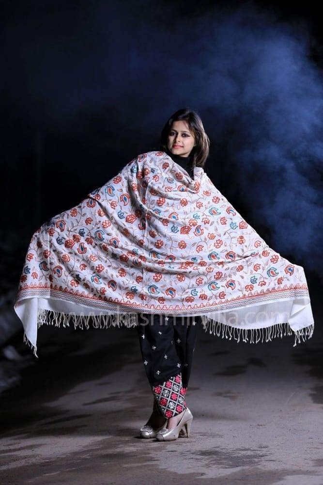 Milky White Color Aari Work Embroidery Shawl Enriched