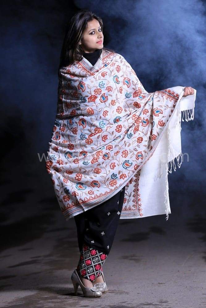 Milky White Color Aari Work Embroidery Shawl Enriched
