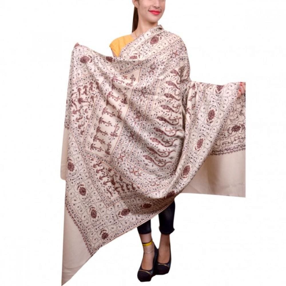 Milky White Color Kashmiri Sozni Work Embroidered Shawl