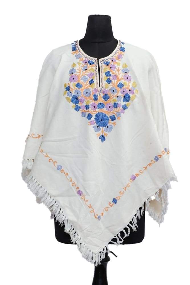 Milky White Colour Ponchu With Elegant Kashmiri Embroidery.