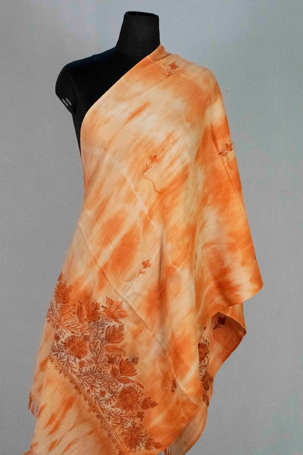 Mist Brown Colour Tye Dye Stole With kashmiri Embroidery