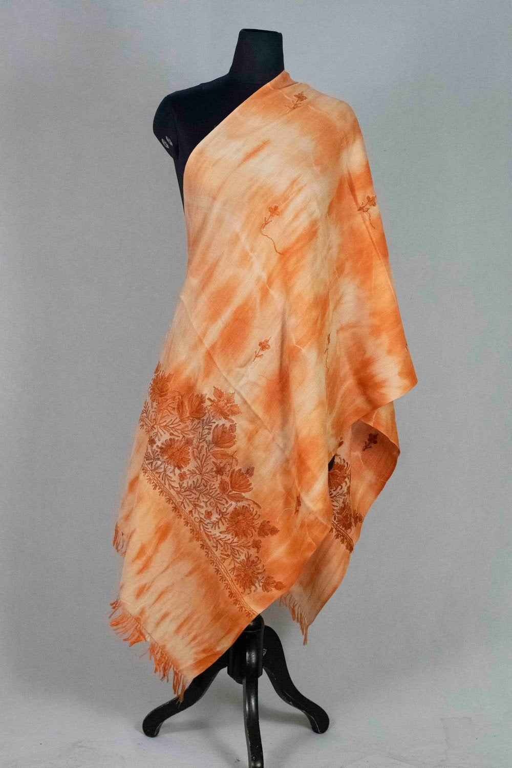 Mist Brown Colour Tye Dye Stole With kashmiri Embroidery