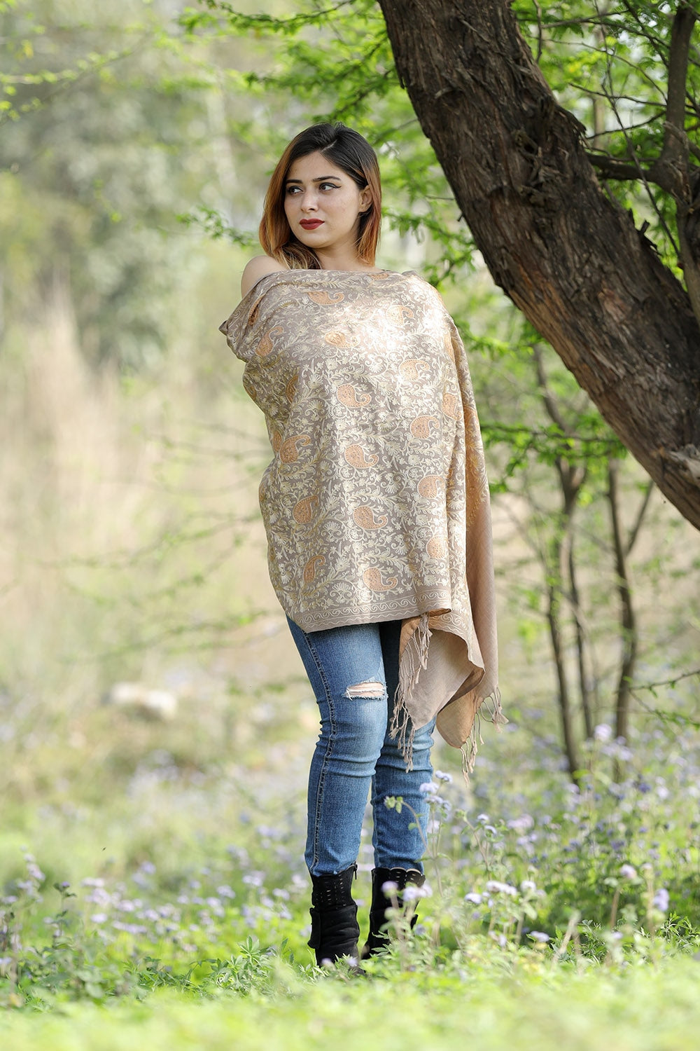 Mouse Beige Colour Stole With Graceful Dense Jaal Pattern