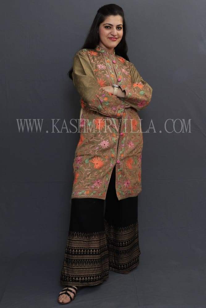 Mud Colour Embroidered Jacket With Beautiful Aari