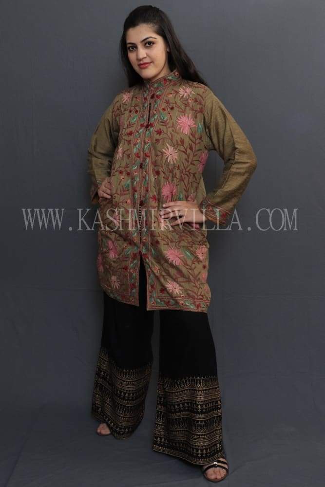 Mud Colour Embroidered Jacket With Beautiful Aari Jaal