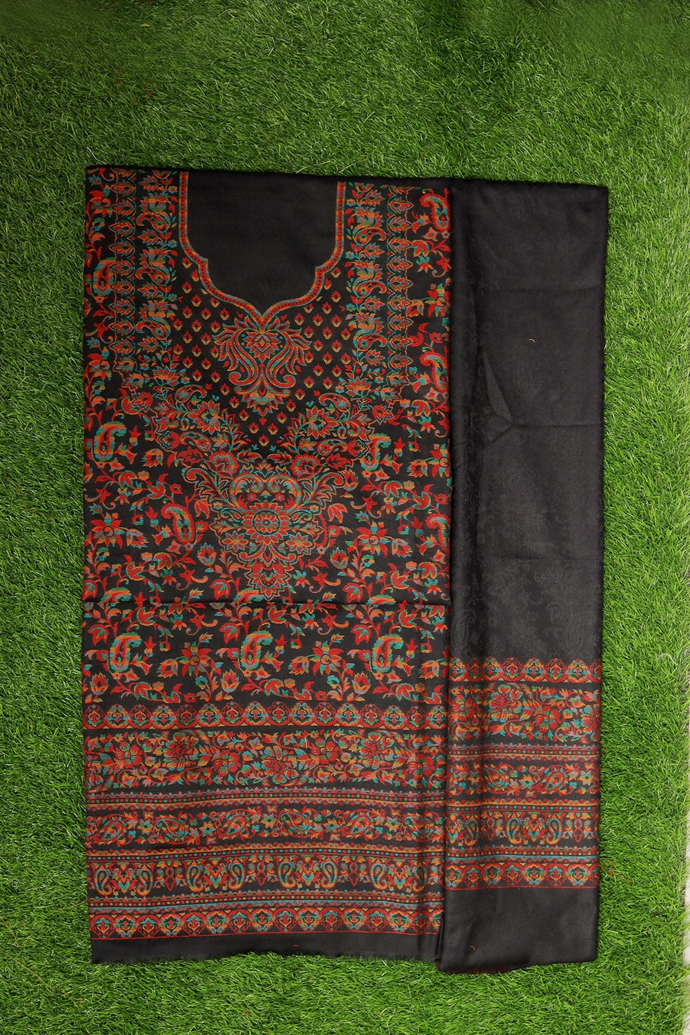 Multicoloured Carbon Black Cotton Kani Stole Suit With Self