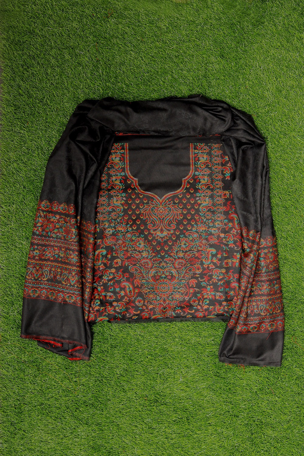 Multicoloured Carbon Black Cotton Kani Stole Suit With Self