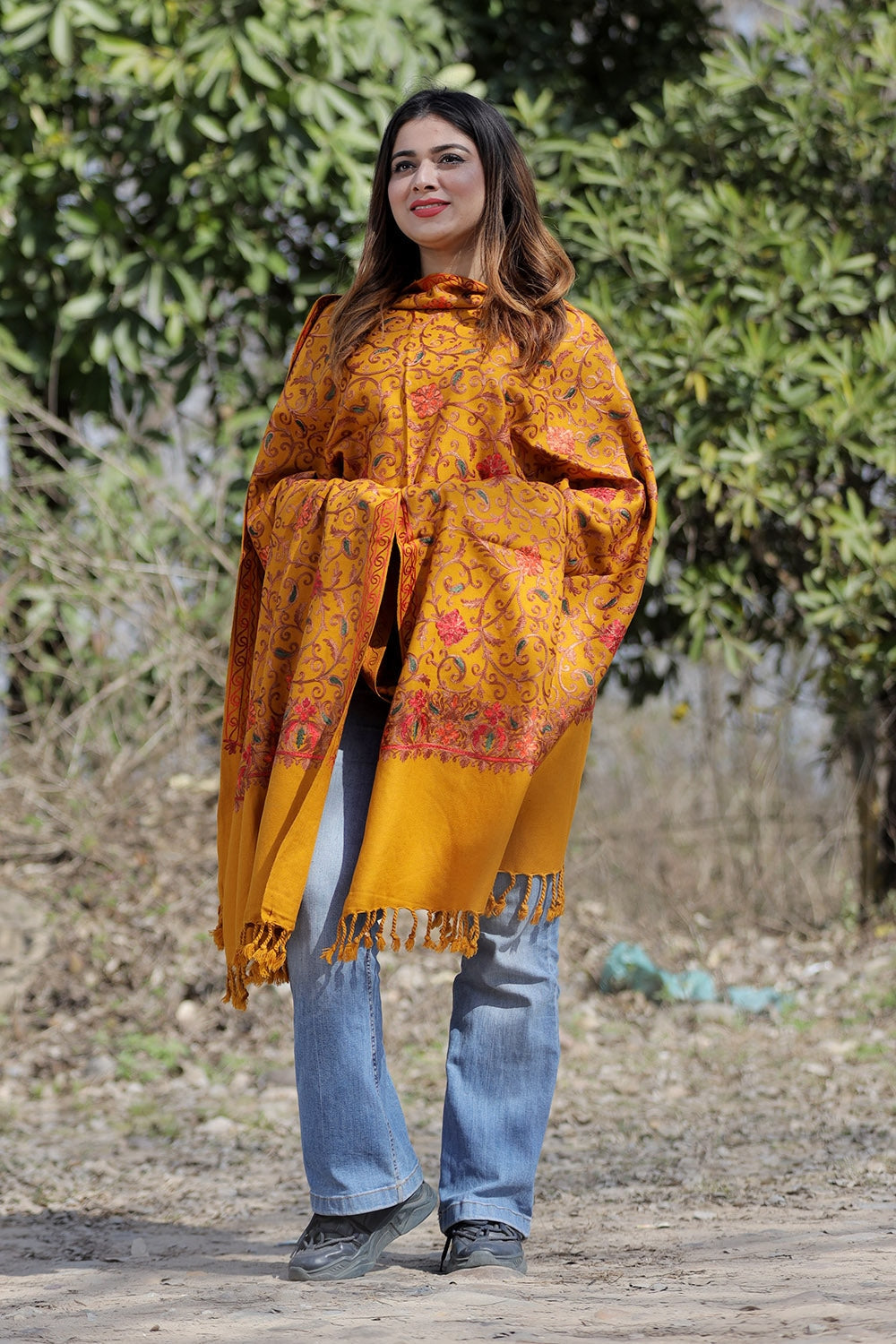 Mustard Color Aari Work Embroidered Shawl Enriched