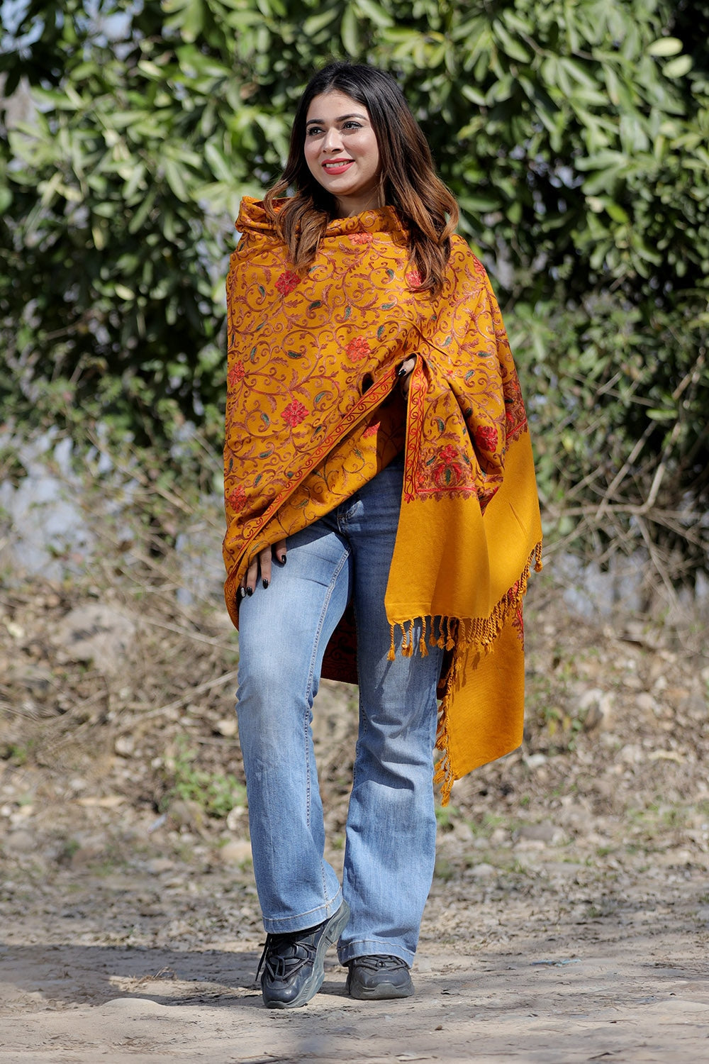 Mustard Color Aari Work Embroidered Shawl Enriched