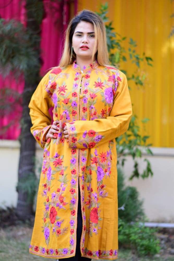 Mustard Colour Aari Work Embroidered Jacket Designer