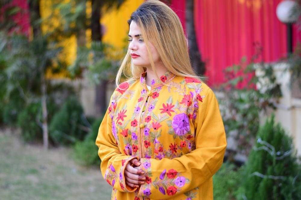 Mustard Colour Aari Work Embroidered Jacket Designer
