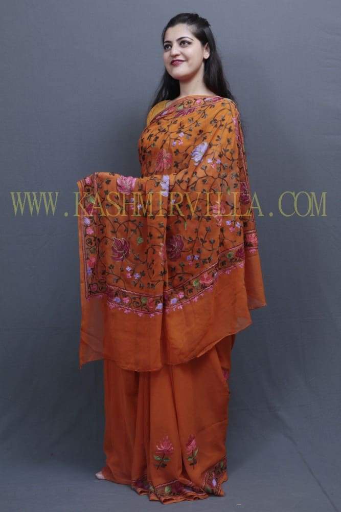 Mustard Colour Kashida Work Saree With Wonderful Designing