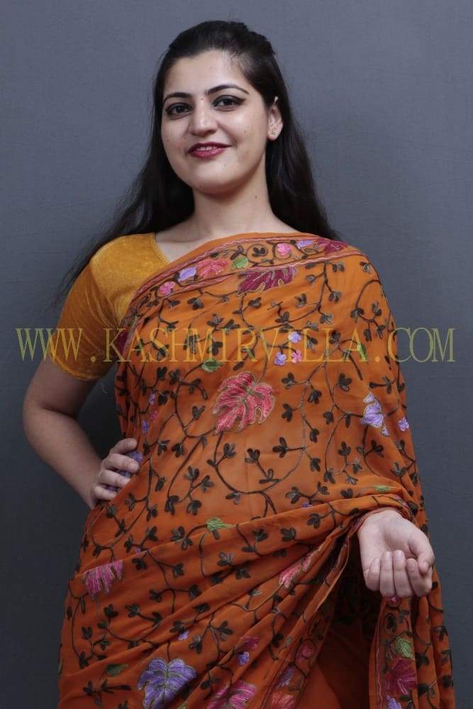 Mustard Colour Kashida Work Saree With Wonderful Designing