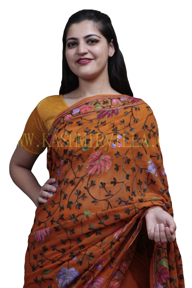 Mustard Colour Kashida Work Saree With Wonderful Designing