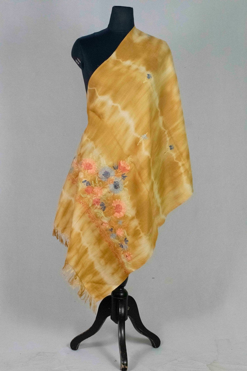 Mustard Colour Tye Dye Stole With kashmiri Embroidery