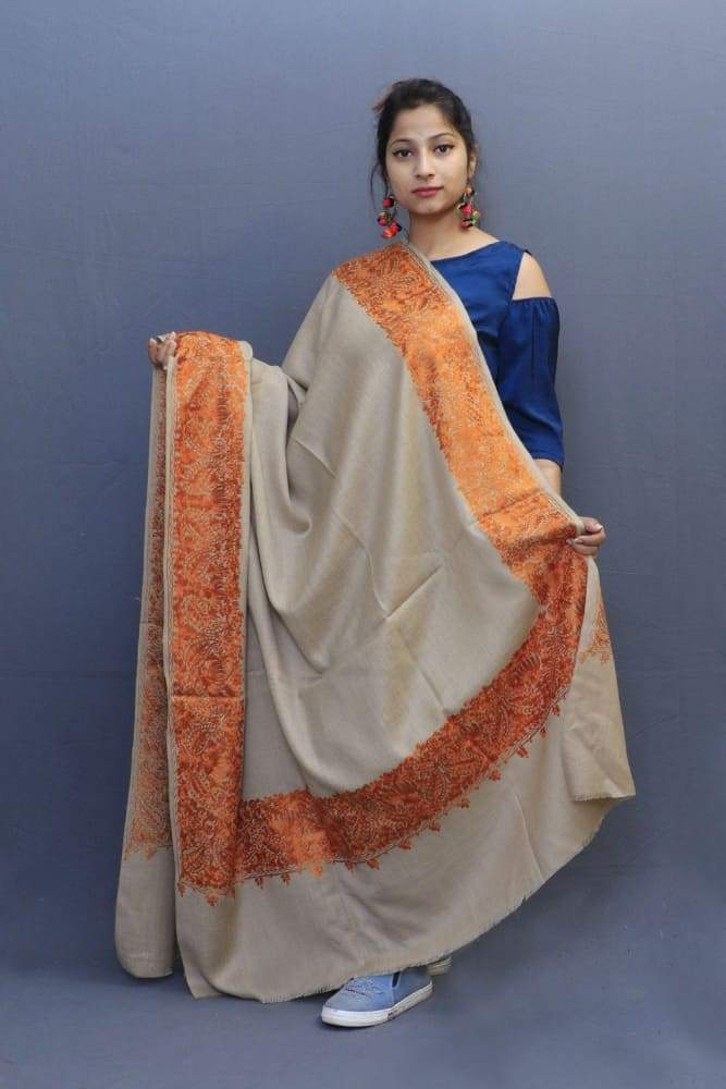 Natural Colour Wrap With Brown Aari Embroidery Looks