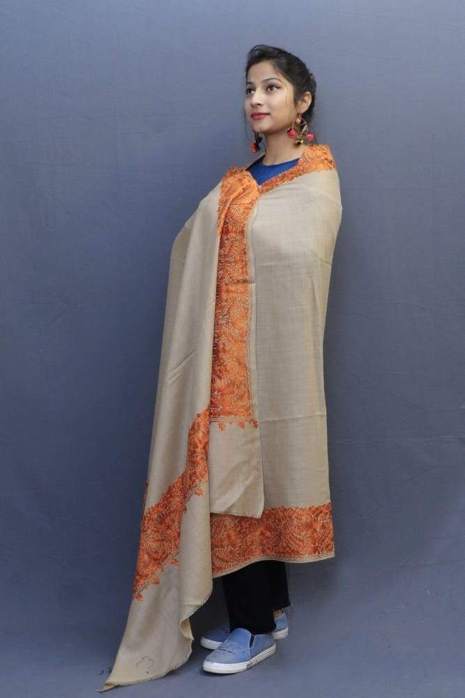 Natural Colour Wrap With Brown Aari Embroidery Looks