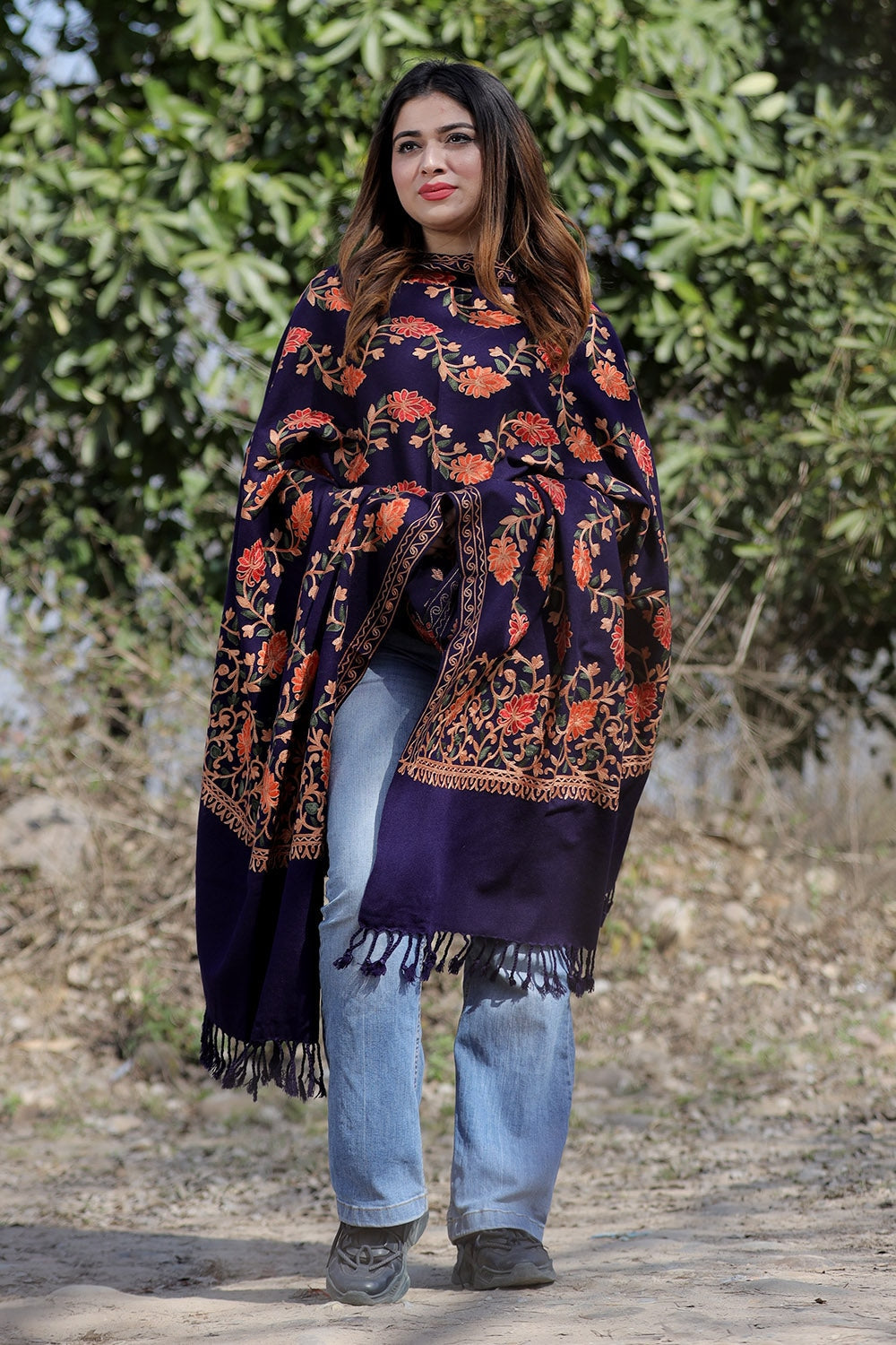 Navy Blue Color Aari Work Embroidered Shawl Enriched