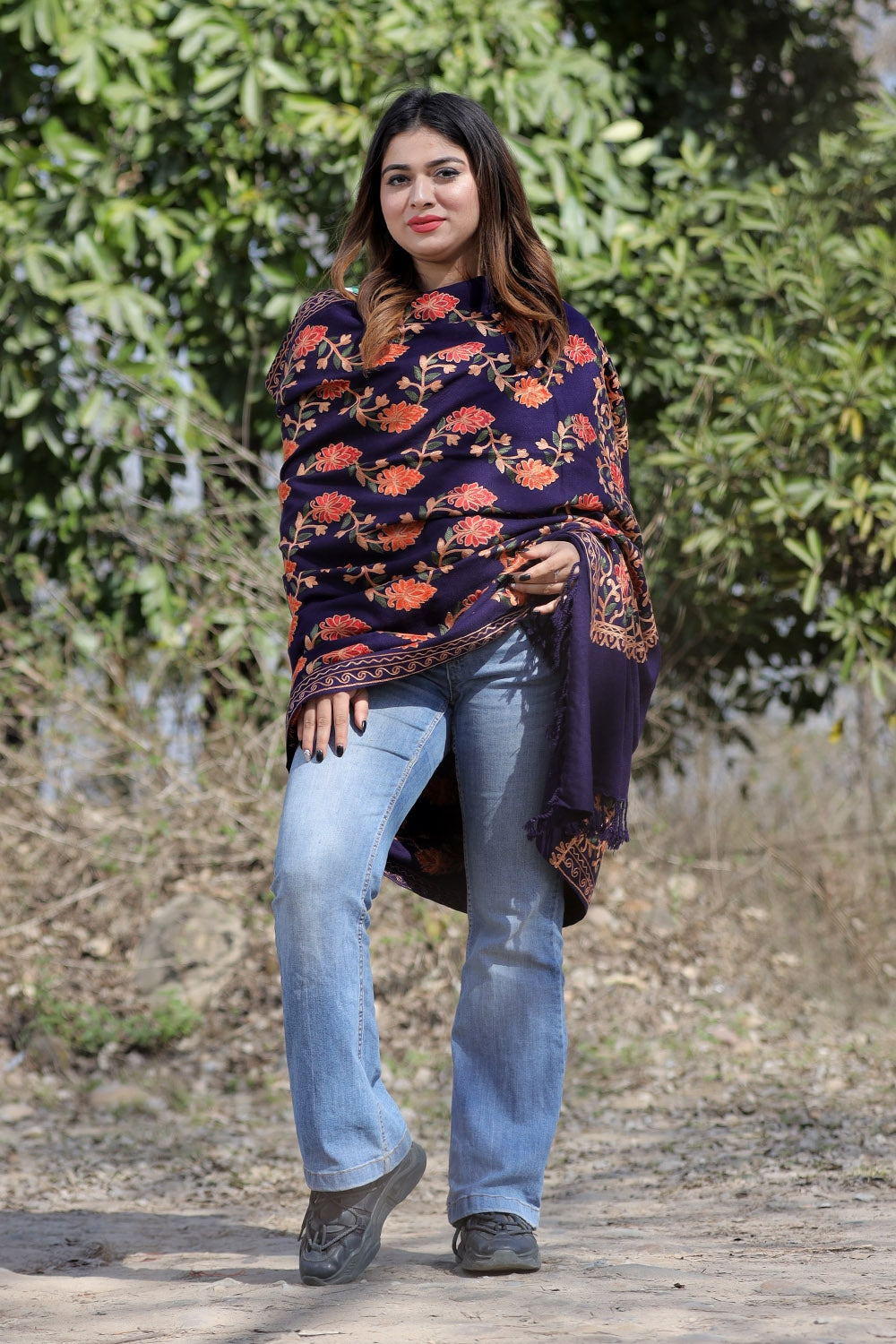 Navy Blue Color Aari Work Embroidered Shawl Enriched