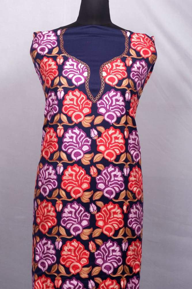 Navy Blue Color Kashmiri Aari Work Unstitched Woollen Suit