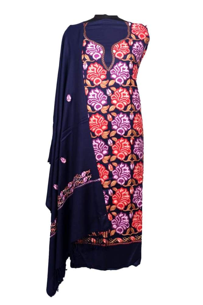 Navy Blue Color Kashmiri Aari Work Unstitched Woollen Suit