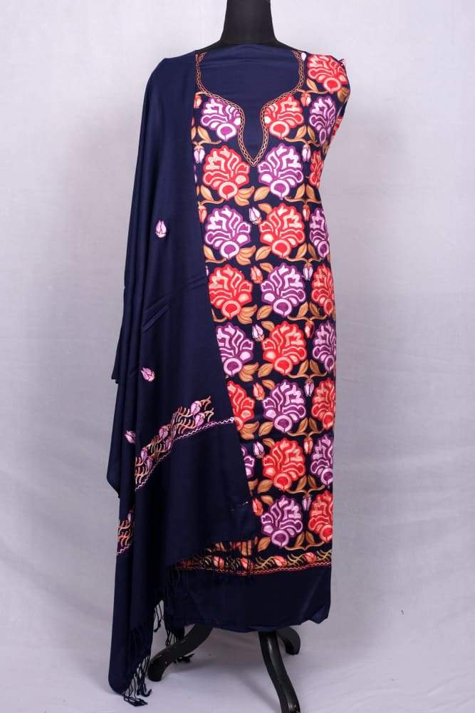 Navy Blue Color Kashmiri Aari Work Unstitched Woollen Suit