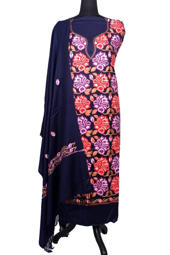 Navy Blue Color Kashmiri Aari Work Unstitched Woollen Suit