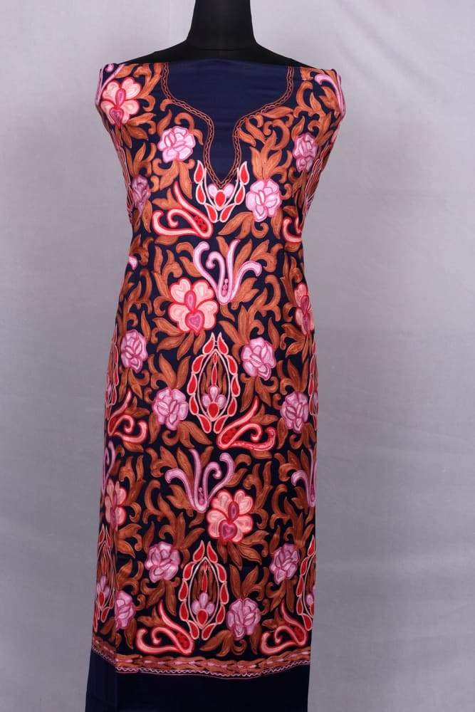 Navy Blue Color Kashmiri Aari Work Unstitched Woollen Suit