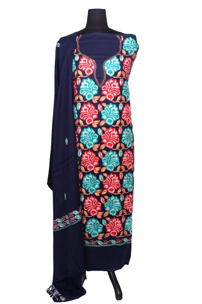 Navy Blue Color Kashmiri Aari Work Unstitched Woollen Suit