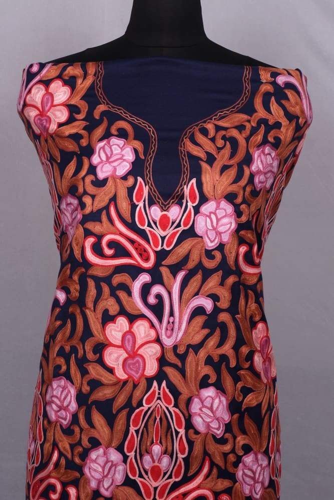 Navy Blue Color Kashmiri Aari Work Unstitched Woollen Suit