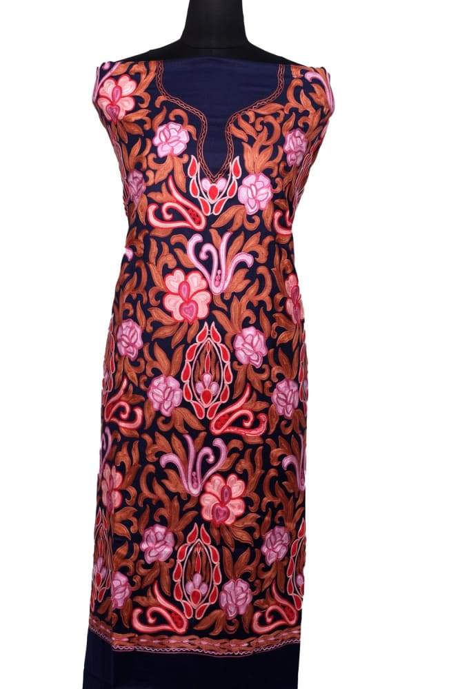 Navy Blue Color Kashmiri Aari Work Unstitched Woollen Suit