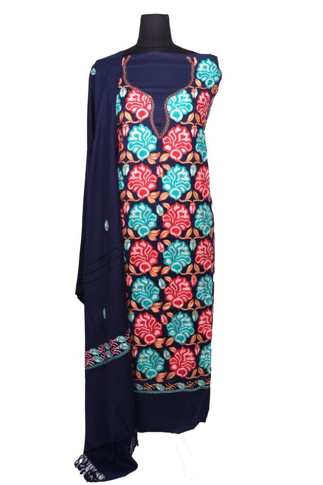 Navy Blue Color Kashmiri Aari Work Unstitched Woollen Suit