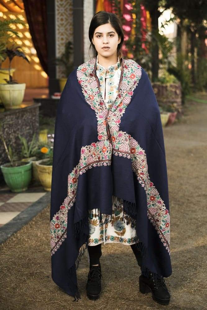 Navy Blue Color Kashmiri Shawl With Aari Jaal Gives