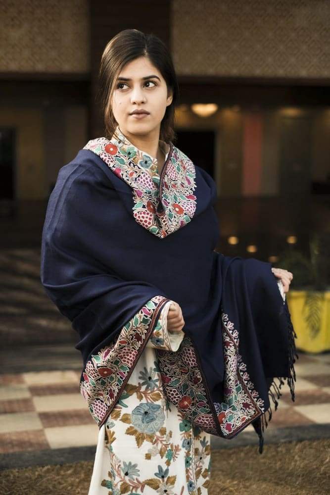 Navy Blue Color Kashmiri Shawl With Aari Jaal Gives