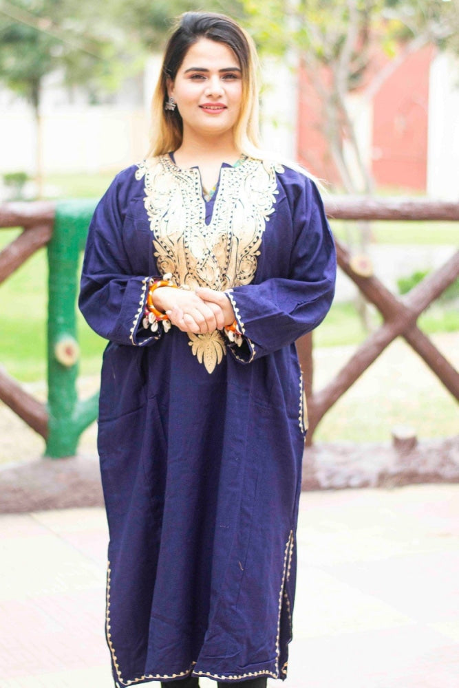 Navy Blue Color Kashmiri Zari Work Embroidered Phiran
