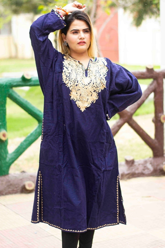 Navy blue Color Kashmiri Zari Work Embroidered Phiran