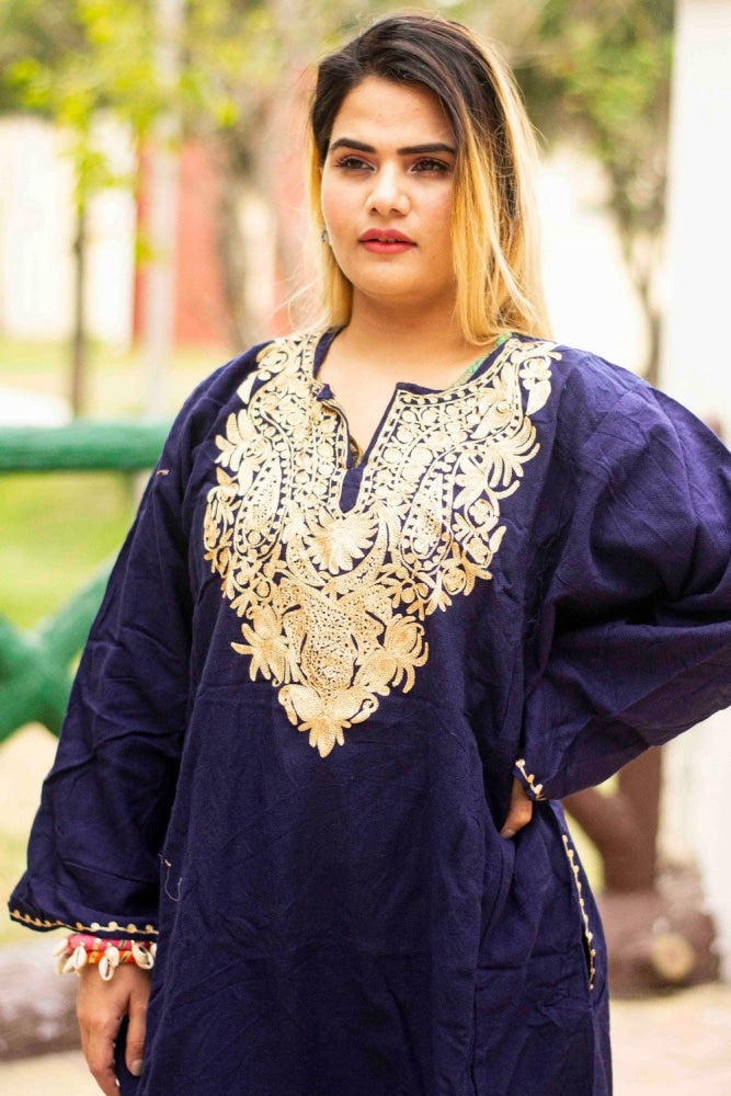 Navy blue Color Kashmiri Zari Work Embroidered Phiran