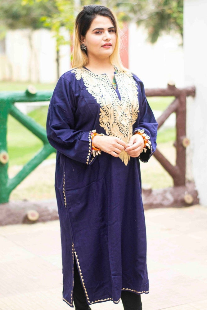 Navy Blue Color Kashmiri Zari Work Embroidered Phiran