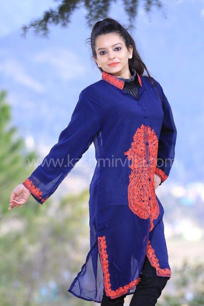 Navy Blue Colour Georgette Kashmiri Aari Work Designer